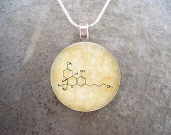 Cannabis Jewelry - THC Molecule - Fun Chemistry Jewelry - 1 Inch Diameter Domed Glass Pendant Necklace - Made in Canada - Style CHEM-THC