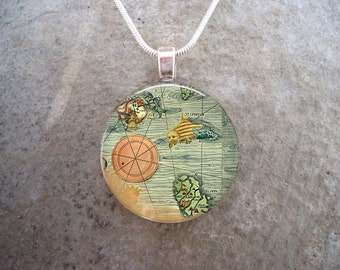 Antique Ocean Map Illustration Jewelry - Nautical Chart Pendant Necklace - 1 Inch Diameter Domed Glass - Free Shipping - sku MAP02