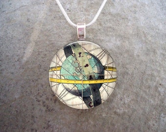 Antique Map Jewelry - Globe Map Art Necklace or Key Chain - Travel Gift - Cosplay Costume Pendant - 1 Inch Diameter Glass Tile - sku MAP08