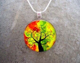 Autumn Tree of Life Jewelry - Red, Yellow and Green 1 Inch Domed Glass Pendant for Necklace or Keychain - Free Shipping - sku TREE15