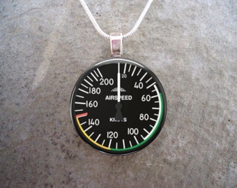 Pilot Jewelry - Glass Tile Pendant Necklace or Key Chain - Airspeed Indicator Dial - Collectible - Free Shipping - style PILOT-AIRSPEED