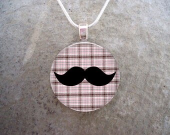 Fun & Cute Plaid Mustache Jewelry - 1 Inch Domed Glass Pendant or Keychain - Free Shipping - sku MUSTACHE06