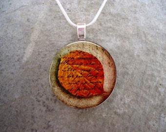Autumn Jewelry - Rusty Red Leaf On Parchment Background - Victorian Inspired 1 Inch Diameter Glass Pendant Necklace - Style AUTUMN16