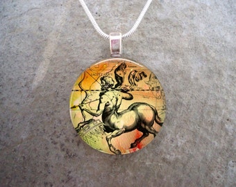Sagittarius Jewelry - Glass Pendant Necklace - Victorian Horoscope - Free Shipping - Style HORO-SAGITTARIUS