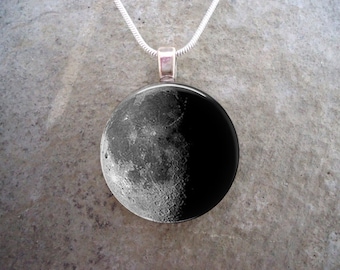 Waning Half Moon Phase - 1 Inch Domed Glass Pendant Necklace or Keychain - Collect all 8 Moon Phases - Free Shipping - Style MOON-WANHALF