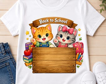 Camiseta de gatos para la vuelta al cole PNG, Lindo diseño escolar de gatos, Estampado para camisetas escolares infantiles, PNG imprimible, Diseño de sublimación, Transferencia DTF, Impresión instantánea