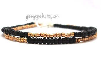 Black and Gold Seed Bead Bracelets - Set of 2 - Black with Gold - Gold With Black - Minimalist Jewelry