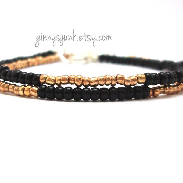 Black and Gold Seed Bead Bracelets - Set of 2 - Black with Gold - Gold With Black - Minimalist Jewelry