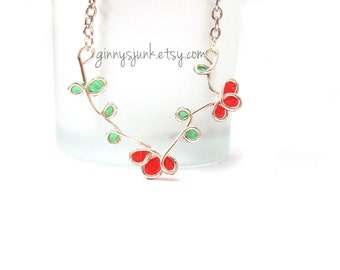 Red Flower Necklace - Wire and Paper - 17 inch necklace
