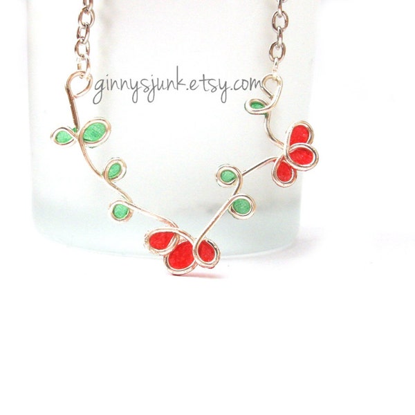 Red Flower Necklace - Wire and Paper - 17 inch necklace