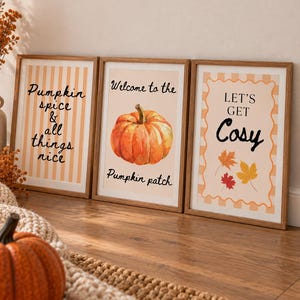 May include: Three framed wall art prints with light wood frames. The left print has orange stripes and text reading Pumpkin spice & all things nice. The centre print features a pumpkin and text reading Welcome to the Pumpkin patch. The right print has orange borders and text reading LET'S GET Cosy with three autumn leaves.