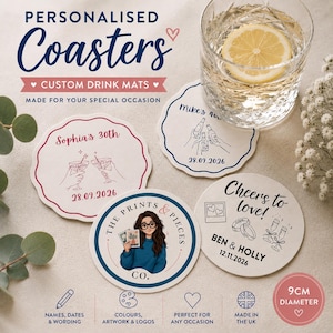 May include: Four round drink coasters with scalloped or smooth edges, featuring custom printed designs including names, dates, and illustrations like champagne glasses, rings, and a portrait. Each coaster measures 9 cm in diameter.
