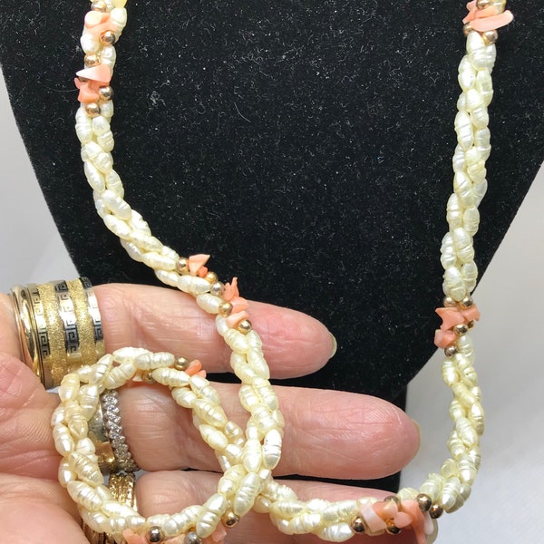 Faux pearl torsade, wuth angel skin coral, 30.4 grms, 23" long, screw barrel clasp, 3569