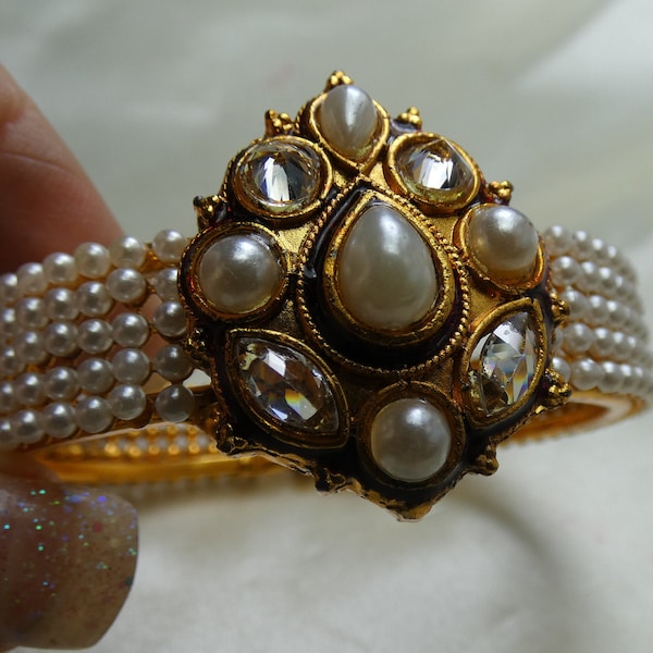 Moghul Bracelet - India- Shell pearls-goldwash-red enamel- white tourmaline- 33 grms 2619