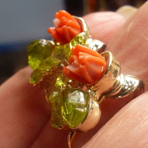 Vint Genuine Peridot & Carved Angel Skin Coral set in composite earrings-clip 4 grms- 15X7mm  2056