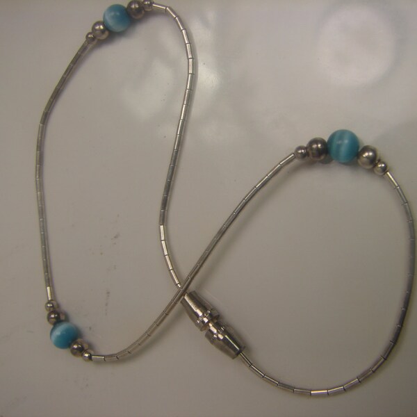 Liquid Silver Ankle Bracelet with 3 4mm Blue Gemstone Beads 1080.