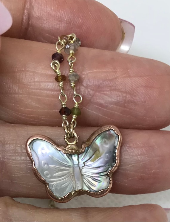 14kt gf carved abalone butterfly necklace, gemston