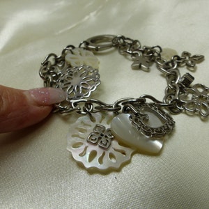 Retired Stainless Steel Fossil Bracelet MOP Hearts Flowers-19.4 grms-7 long-Beautiful 1784 image 2