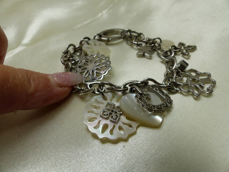 Retired Stainless Steel Fossil Bracelet MOP Hearts Flowers-19.4 grms-7 long-Beautiful 1784 image 2