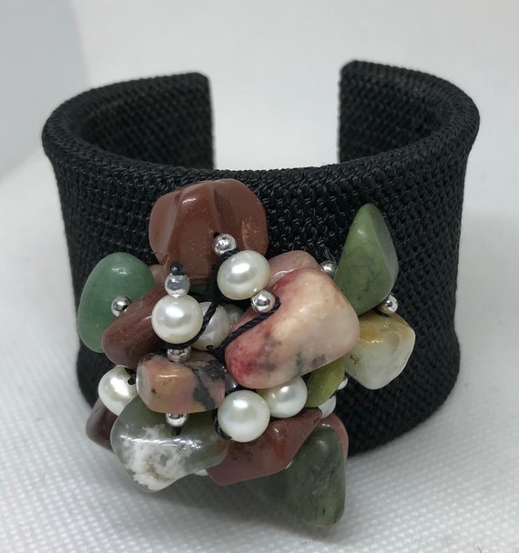 Big black woven cuff bracelet, artisan, w pearls, 