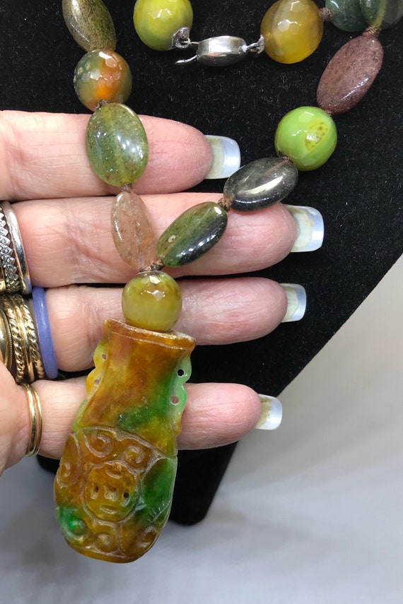 Carved multi color jade necklace, jade beads, Chin