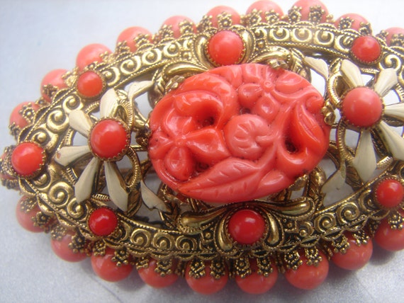 1890's CARVED SALMON CORAL brooch 34. - image 4