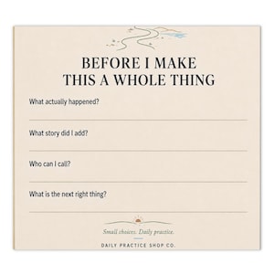 May include: A square notepad with a cream background featuring the text BEFORE I MAKE THIS A WHOLE THING at the top. Below are four prompts with lines: What actually happened?, What story did I add?, Who can I call?, and What is the next right thing?. At the bottom is a small sun icon and the text Small choices. Daily practice. DAILY PRACTICE SHOP CO.
