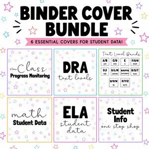 Può includere: Un set di copertine per raccoglitori con sei design quadrati e un motivo a stelle pastello. Il testo include BINDER COVER BUNDLE, 6 ESSENTIAL COVERS FOR STUDENT DATA, mClass Progress Monitoring, DRA text levels, Text Level Bands, math Student Data, ELA student data e Student Info one stop shop.