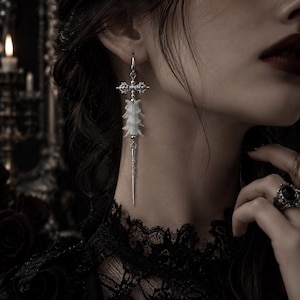 Gothic Bone Dagger Earrings, Victorian Dark Fantasy Dangle Earrings, Silver Cross Statement Earrings, Alternative Handmade Jewelry