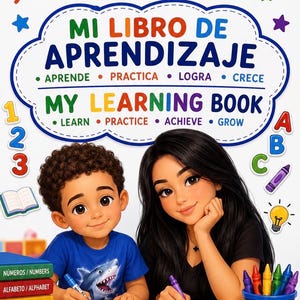 May include: A learning book titled Autism Bright Minds, Mi Libro de Aprendizaje, and My Learning Book. The cover features a child and an adult drawing in a workbook, surrounded by colorful numbers, letters, crayons, and educational text.