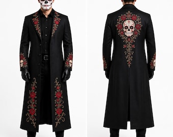 Trenchcoat für Herren zum Tag der Toten | Gothic-Outfit für mexikanische Festivals | Mantel mit Totenkopfstickerei | Kostüm für den Día de los Muertos