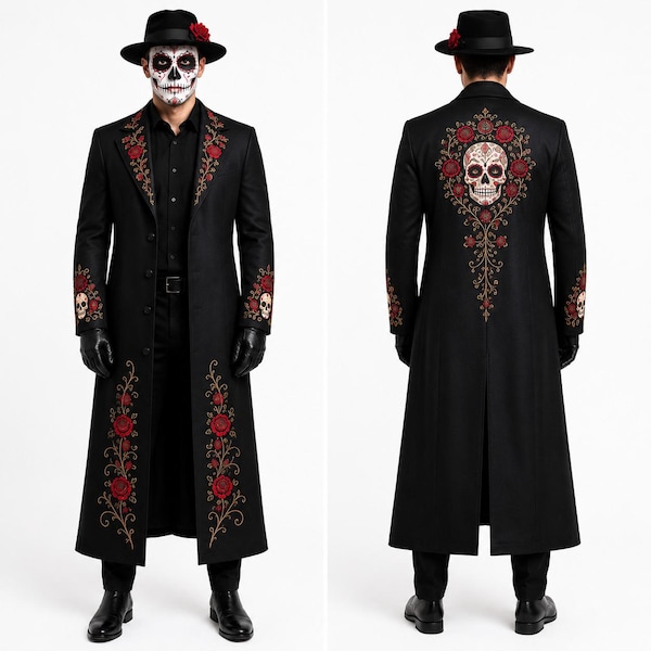 Men’s Day of the Dead Trench Coat | Gothic Mexican Festival Outfit | Embroidered Skull Coat | Dia de los Muertos Costume