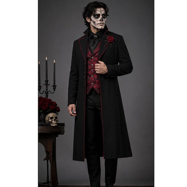 Men's Black Gothic Victorian Tailcoat | Red Embroidered Vest & Red Trim Vampire Wedding Coat