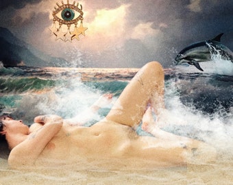 Jesse and the Dolphin: 11”x14” Fine Art Print-Collage Art/ Feminine Art/ Nude Art/ Surreal Art/ Figure Art/ Erotic Art/ Bohemian/ Dream Art