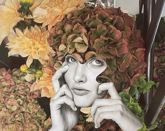 Flower Child: 11”x14” Fine Art Print-Surreal Botanical Art/ Femme Art/ Counter Culture Art/ Psychedelic Art/ Paper Collage/ Urban Art