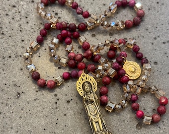 Messing Quan Yin Anhänger und Handgeknüpfte Natürliche Achat und Facted Kristall Glas Halskette