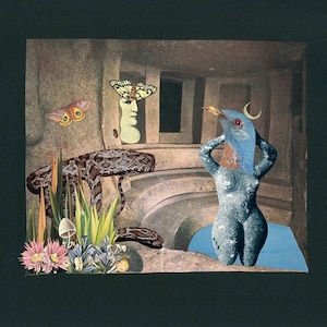 May include: A surrealist collage featuring a blue bird-headed figure standing in a pool of water. The figure is surrounded by a snake, plants, and butterflies. The background is a stone wall with a window.