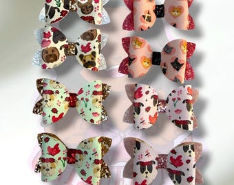 Dog Pigtail Set, Mixed Puppy Print Faux Leather Bows, 2.5 Inch Alligator Clips