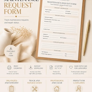 Maintenance Request Form | Landlord Printable | Repair Tracker | Property Manager PDF | Rental Maintenance