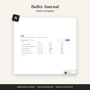Op de afbeelding: Een digitaal Bullet Journal Notion-sjabloon met een logboekinterface met kolommen voor invoer, datum, status en type. De lay-out bevat taken, notities en gebeurtenissen met datums in juli 2026 en een zwart Notion-logo in de hoek.