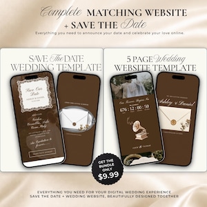 Op de afbeelding: Een digitaal trouwsjabloonpakket met een Save the Date en een 5-pagina trouwwebsite weergegeven op vier smartphoneschermen. De ontwerpen gebruiken een donkerbruin kleurenpalet met elegante witte tekst, vintage illustraties en afteltimers.