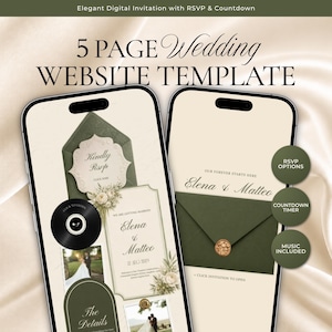 Puede incluir: Dos teléfonos inteligentes que muestran una plantilla de sitio web de bodas de 5 páginas con fondo crema y detalles en verde oscuro. Las pantallas muestran texto de invitación, opciones de RSVP, cuenta regresiva, música y fotos de la pareja.