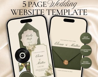 Olive Green Ivory Vintage Wedding Website Template, Canva Wedding Website, Rustic Garden Digital Invitation, RSVP & Countdown