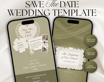 Olive Champagne Save The Date Website Template, Canva Wedding Invitation with RSVP & Countdown