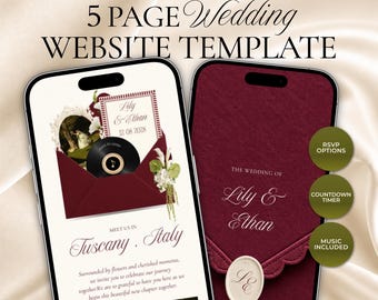 Burgundy Vintage Garden Romance Wedding Website Template, Vintage Garden Canva Wedding, 5 Page Digital Invitation, RSVP, Countdown Timer