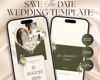 Olive Green Ivory Vintage Save The Date Website Template, Elegant Canva Wedding Invitation with RSVP & Countdown