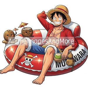 May include: A cartoon illustration of a smiling character wearing a straw hat, red shirt, and blue shorts, relaxing in a red and white striped inflatable swim ring. The ring features a skull and crossbones emblem and the text MUGIWARA.