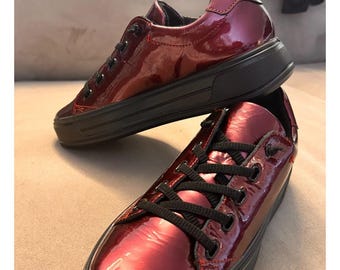 ARA High Soft Metallic Burgundy Red Leather Oxford Sneakers Shoes Women's US7