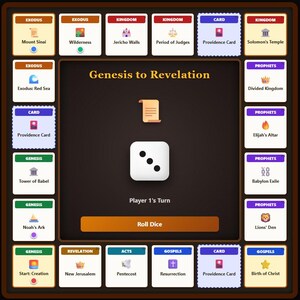 May include: A digital board game interface titled Genesis to Revelation featuring a central white die showing three dots, a scroll icon, and a Roll Dice button. The perimeter displays various biblical event tiles with colored headers and icons.