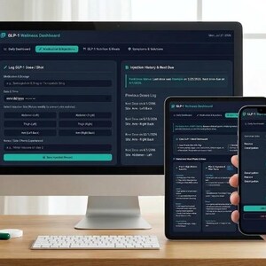 GLP-1 Daglig hälsologg, vikt, protein, vatten, injektionslogg (HTML-app) och måltidsplaner